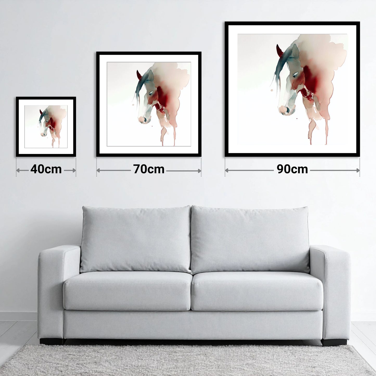 Crimson Silhouette - size guide showing 40cm, 70cm and 90cm art prints