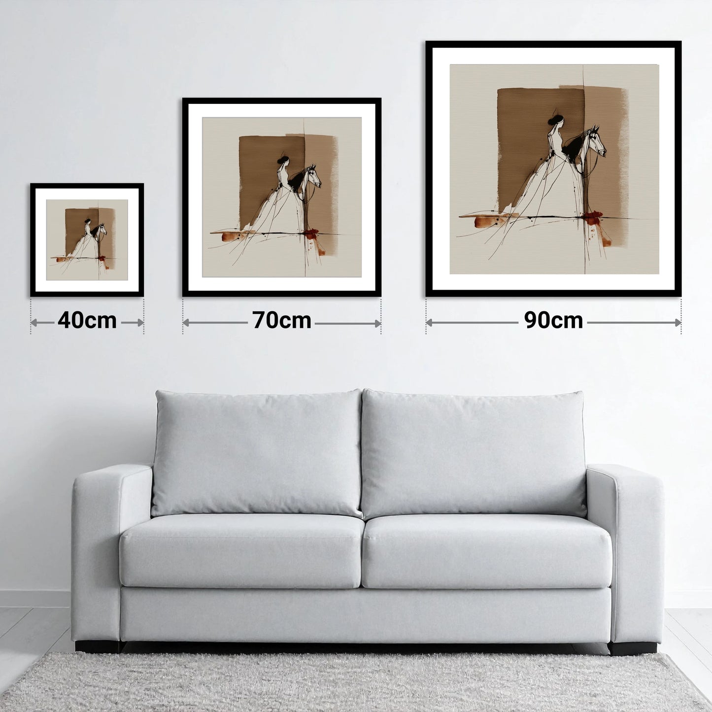 Bound in Sepia - size guide showing 40cm, 70cm and 90cm art prints