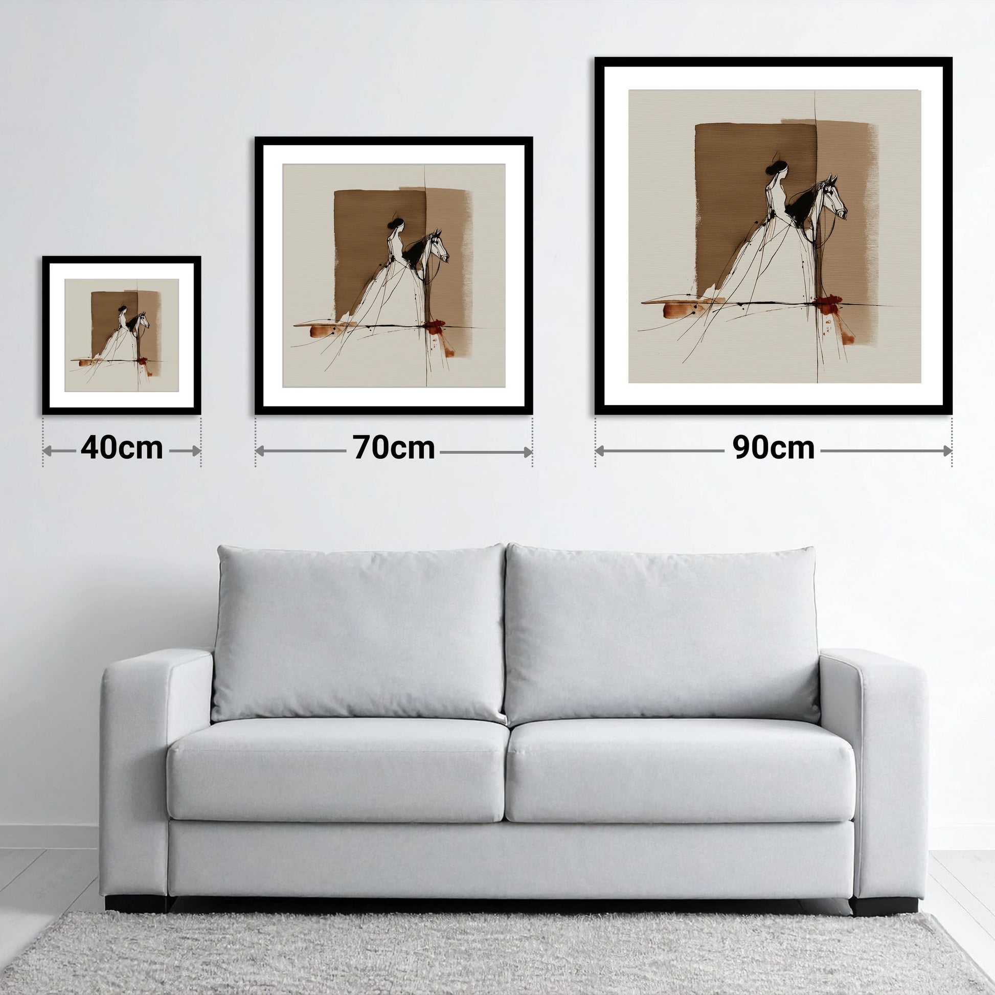 Bound in Sepia - size guide showing 40cm, 70cm and 90cm art prints