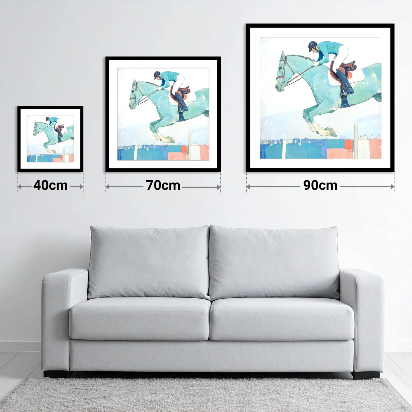 Aquamarine Ascent - size guide showing 40cm, 70cm and 90cm art prints