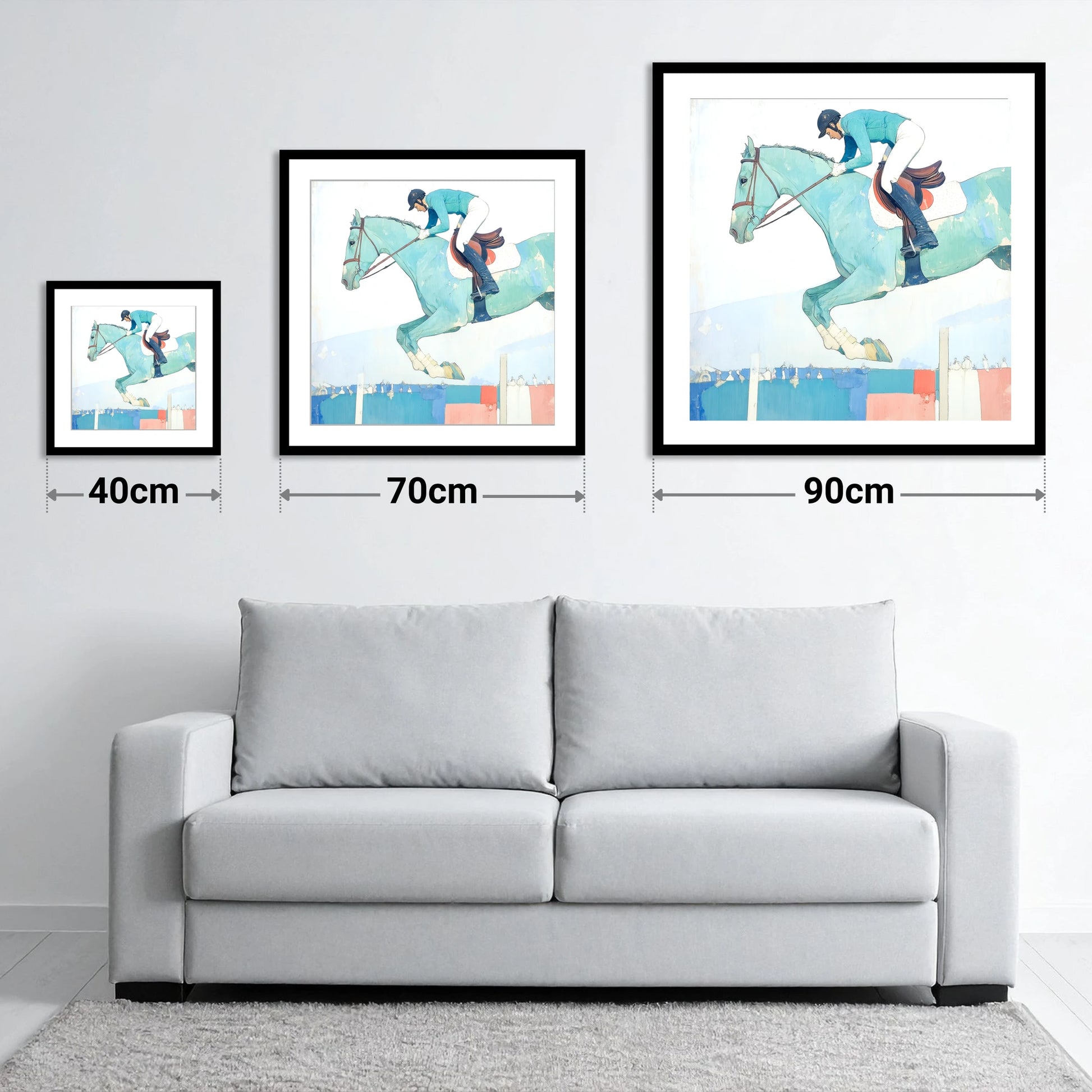Aquamarine Ascent - size guide showing 40cm, 70cm and 90cm art prints