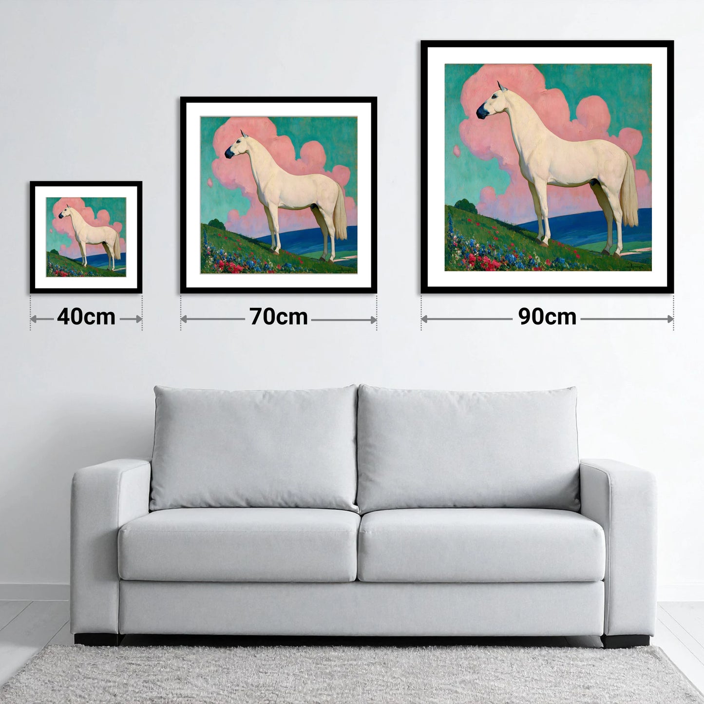 Ethereal White Horse - size guide showing 40cm, 70cm and 90cm art prints
