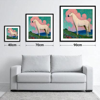 Ethereal White Horse - size guide showing 40cm, 70cm and 90cm art prints