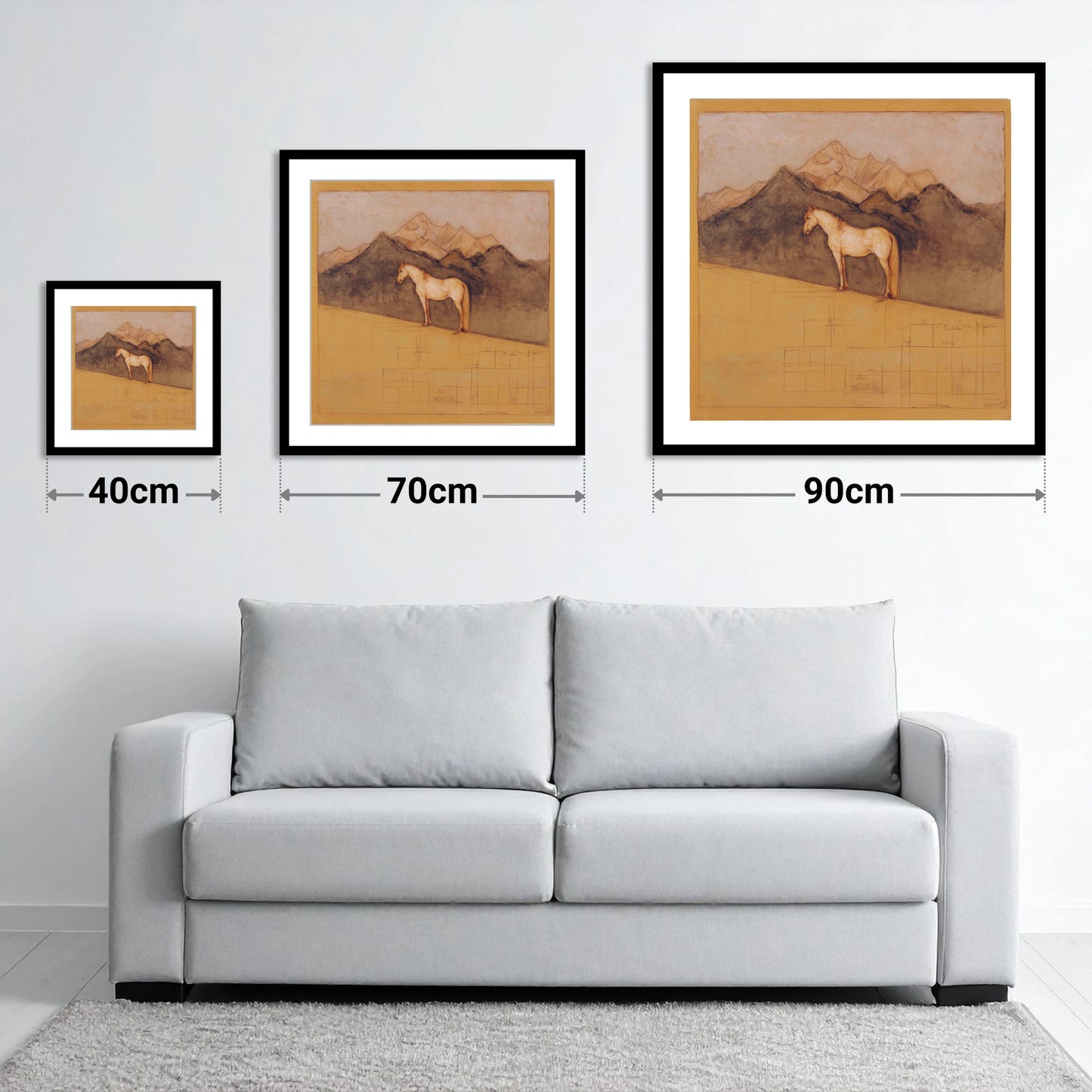 Mountain Sentinel - size guide showing 40cm, 70cm and 90cm art prints