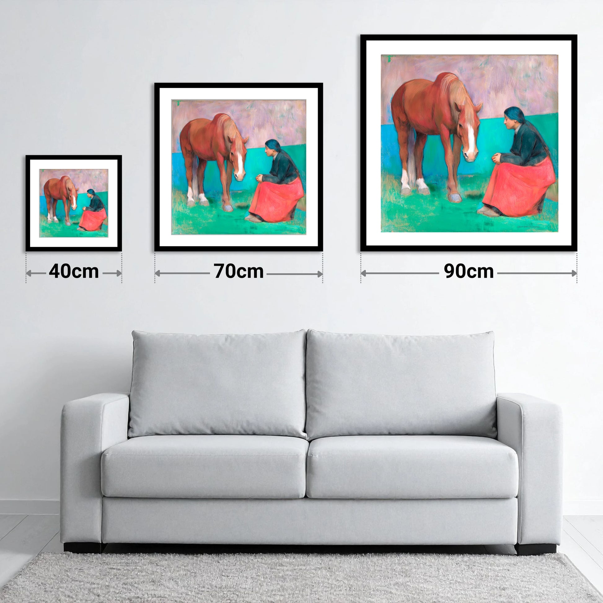 The Silent Dialogue - size guide showing 40cm, 70cm and 90cm art prints