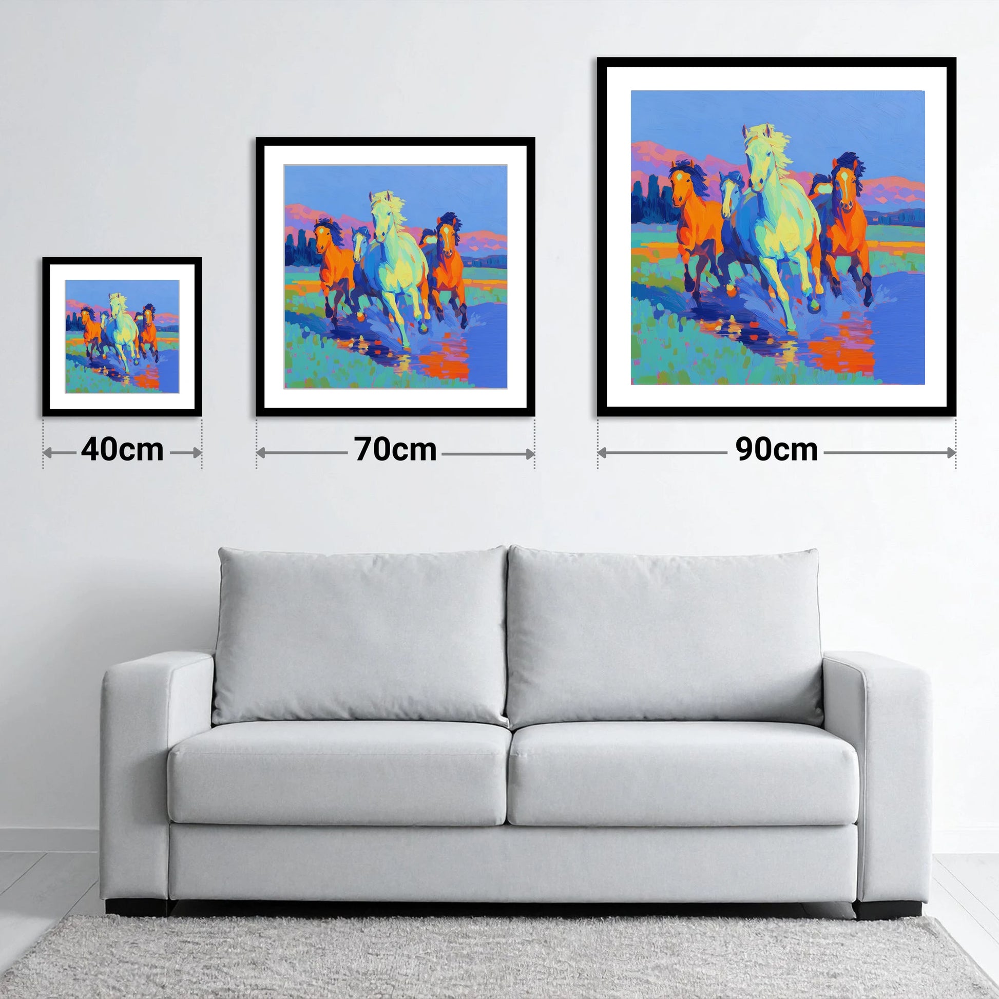 The Vivid Gallop - size guide showing 40cm, 70cm and 90cm art prints