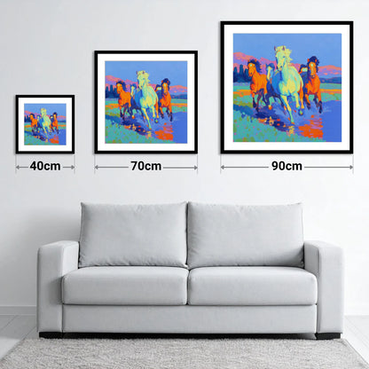 The Vivid Gallop - size guide showing 40cm, 70cm and 90cm art prints