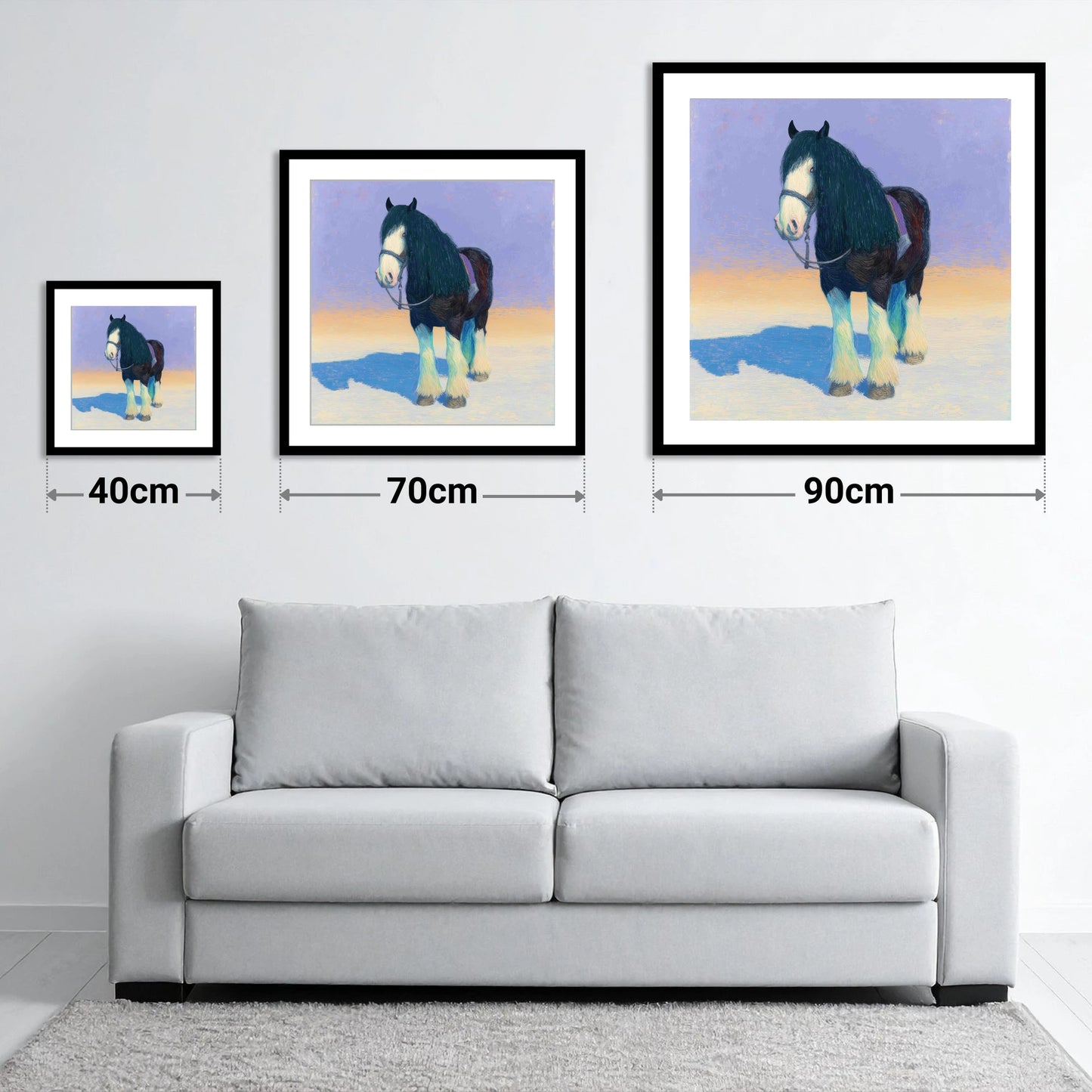 The Gentle Giant - size guide showing 40cm, 70cm and 90cm art prints