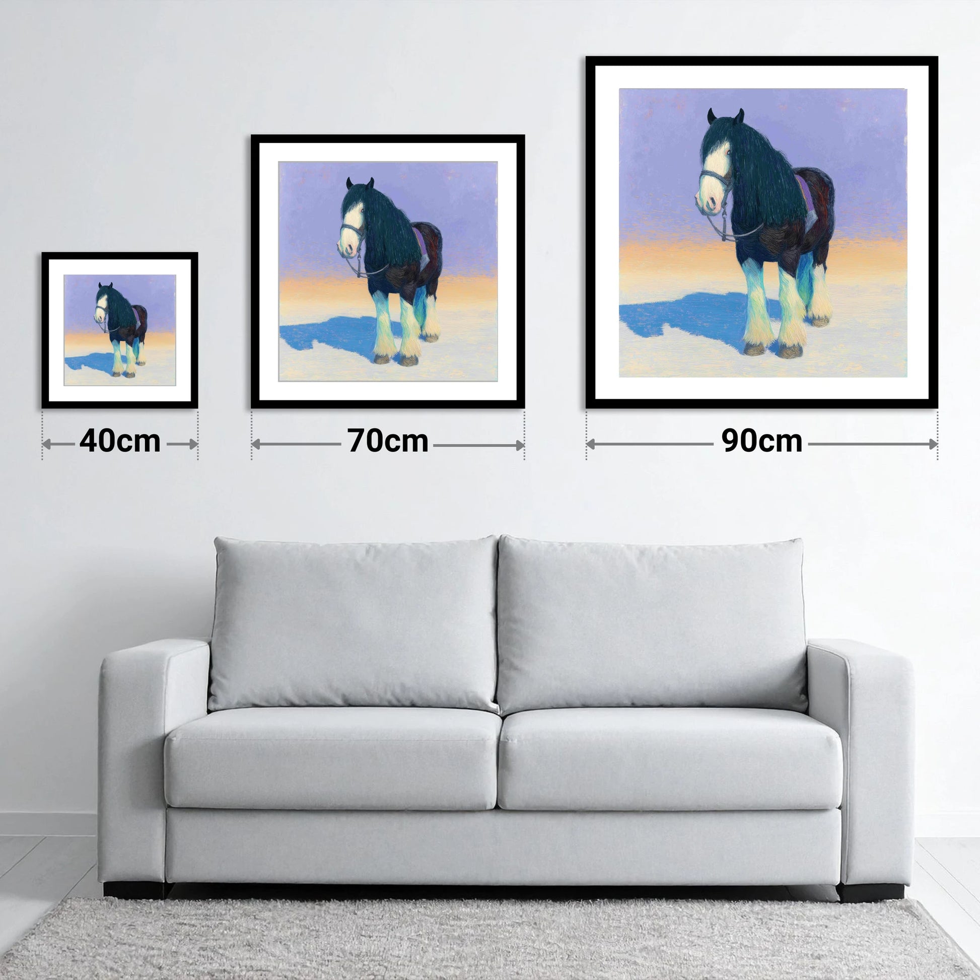 The Gentle Giant - size guide showing 40cm, 70cm and 90cm art prints