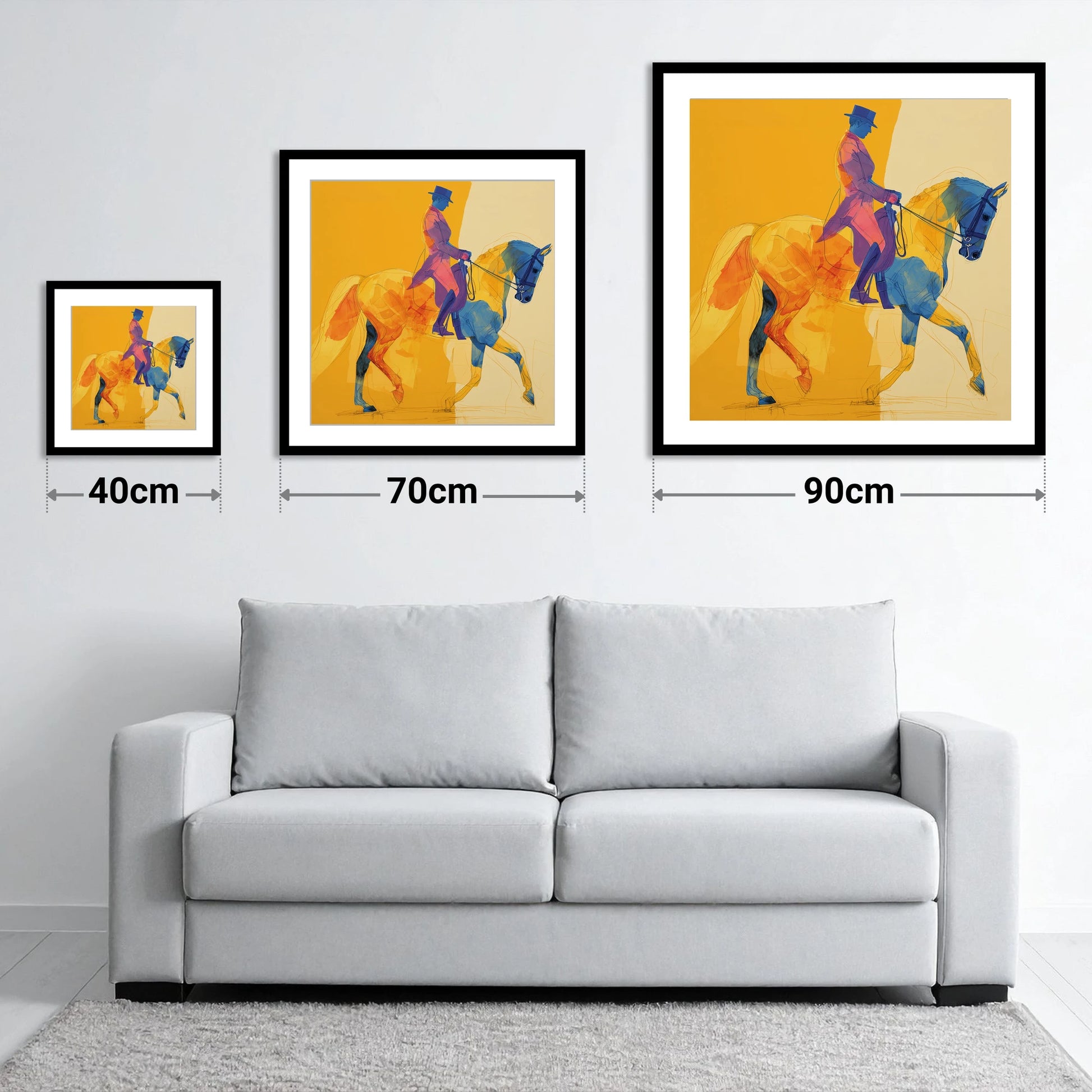 Vivid Dressage Rhythms - size guide showing 40cm, 70cm and 90cm art prints
