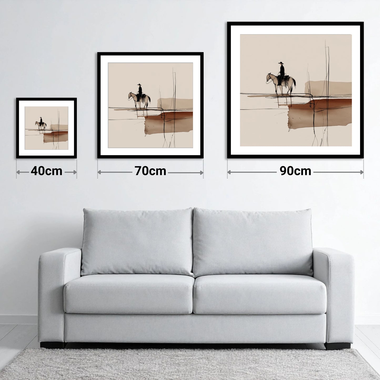 Solitude in Sepia - size guide showing 40cm, 70cm and 90cm art prints