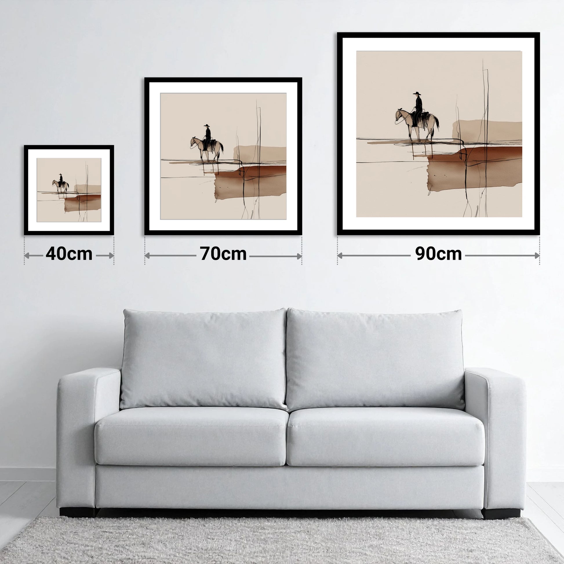 Solitude in Sepia - size guide showing 40cm, 70cm and 90cm art prints