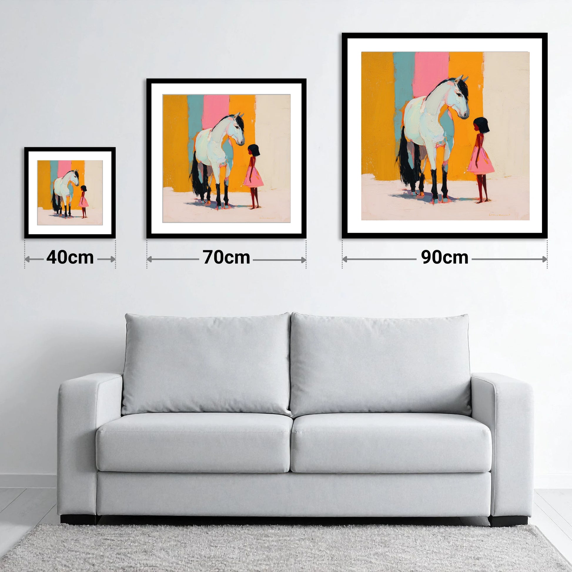 A Colourful Bond - size guide showing 40cm, 70cm and 90cm art prints