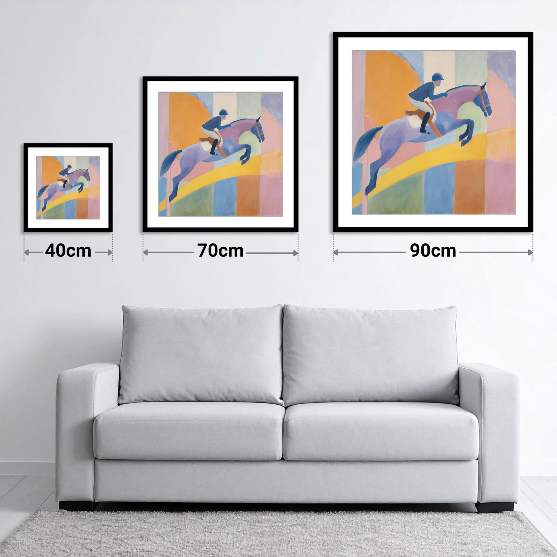 Harmony in Flight - size guide showing 40cm, 70cm and 90cm art prints