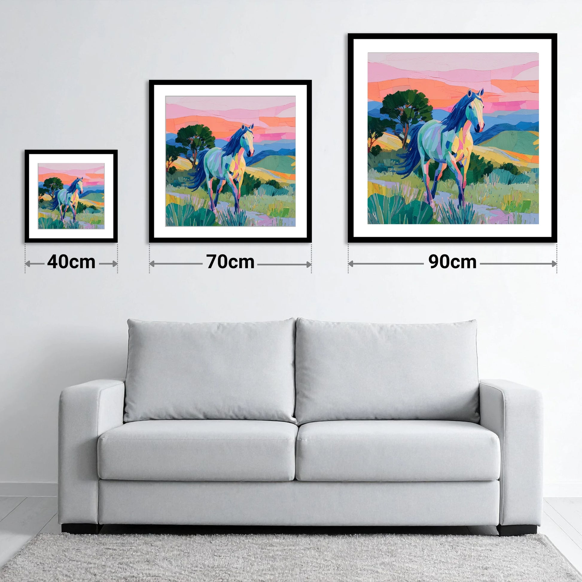 The Vivid Stride - size guide showing 40cm, 70cm and 90cm art prints