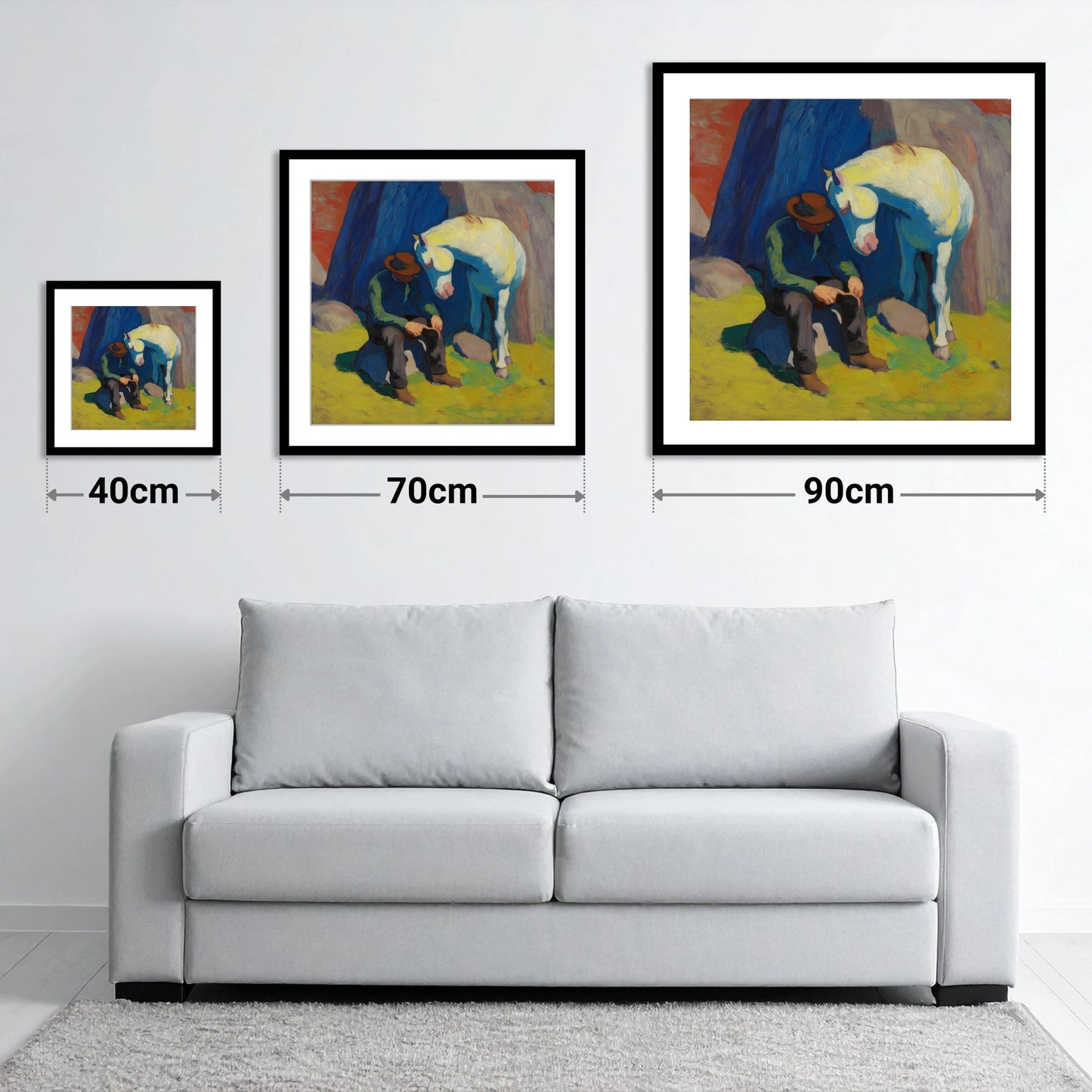 Vivid Companionship - size guide showing 40cm, 70cm and 90cm art prints