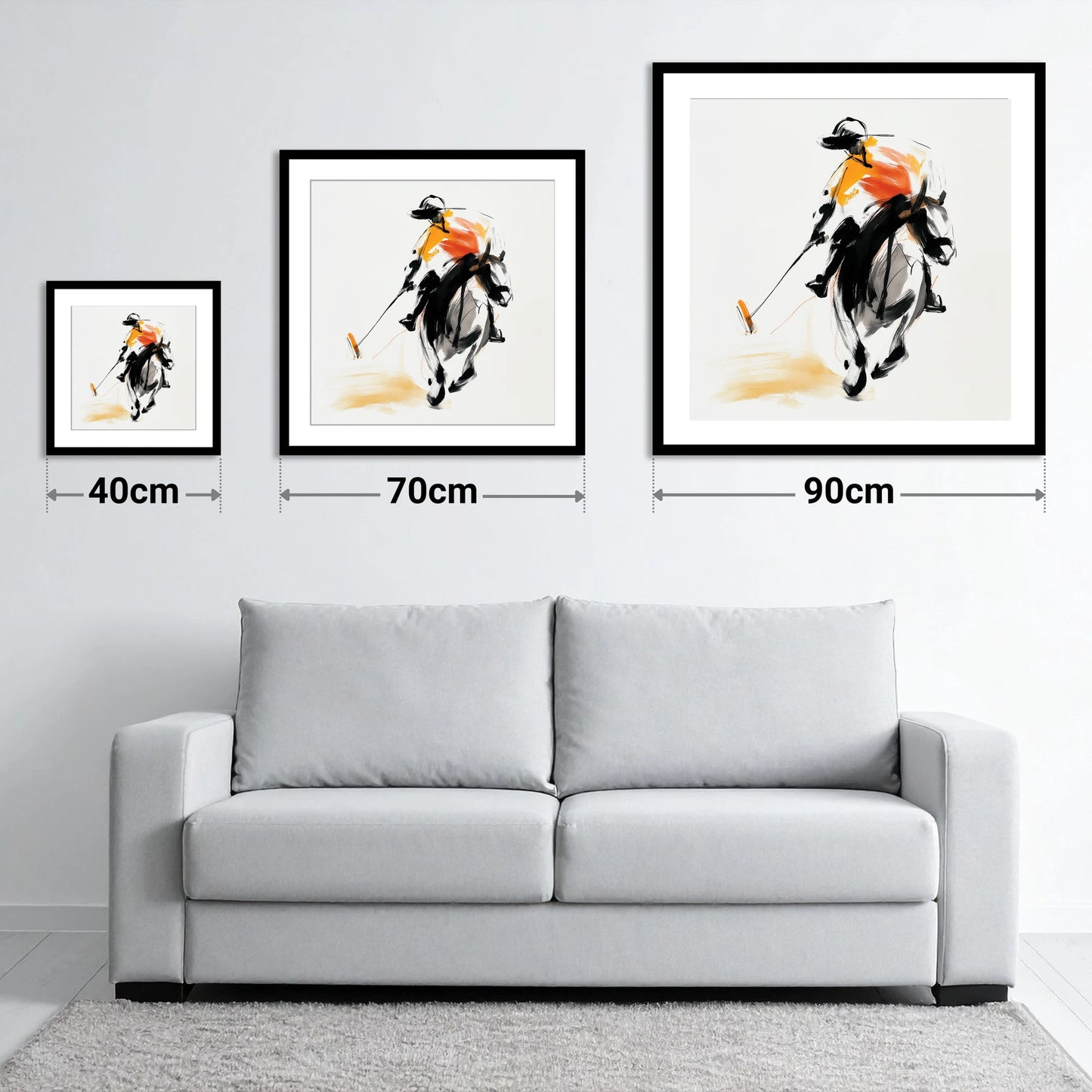 Amber Strike - size guide showing 40cm, 70cm and 90cm art prints