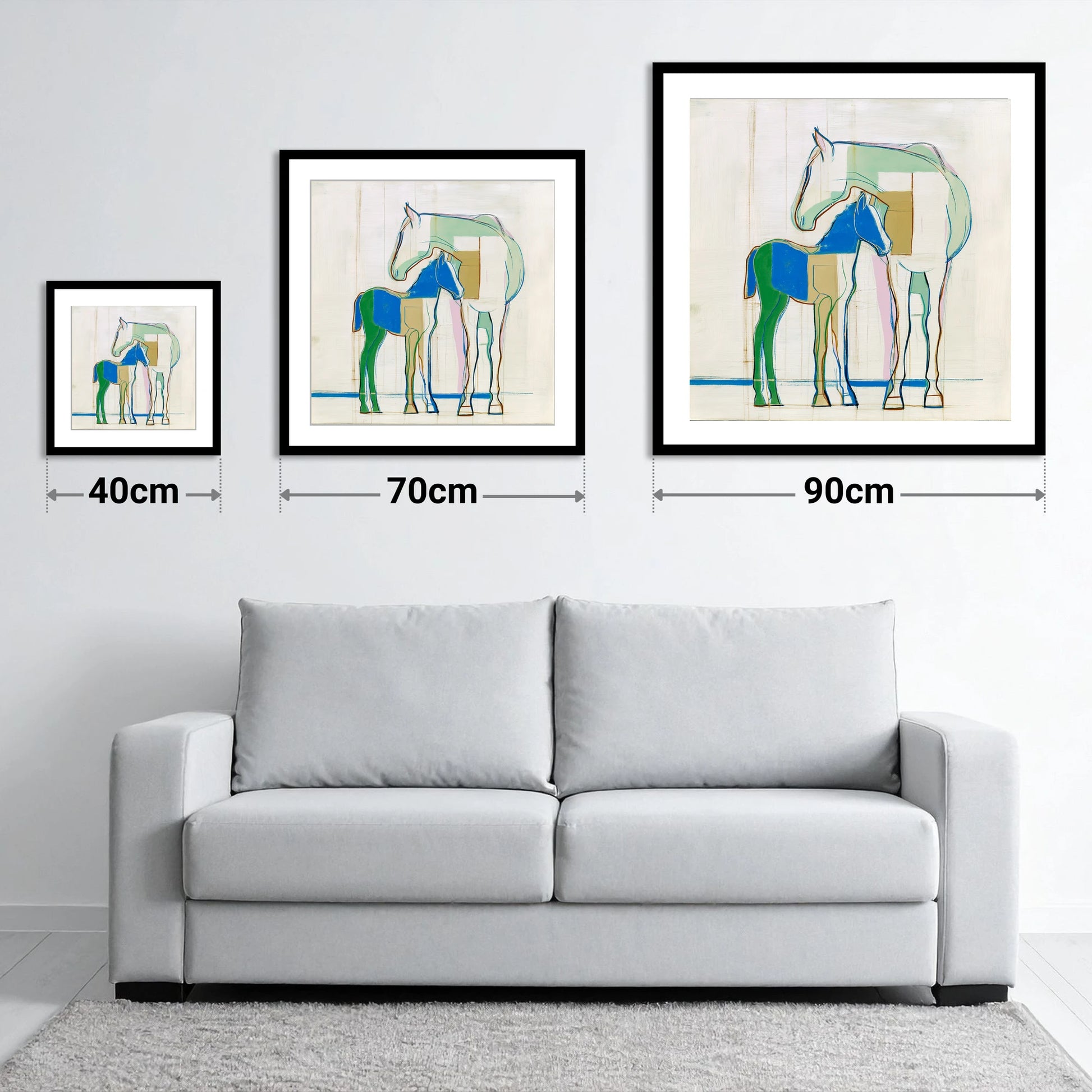 Modern Equine Kinship - size guide showing 40cm, 70cm and 90cm art prints