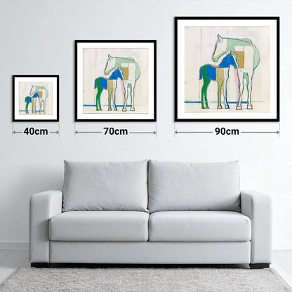 Modern Equine Kinship - size guide showing 40cm, 70cm and 90cm art prints