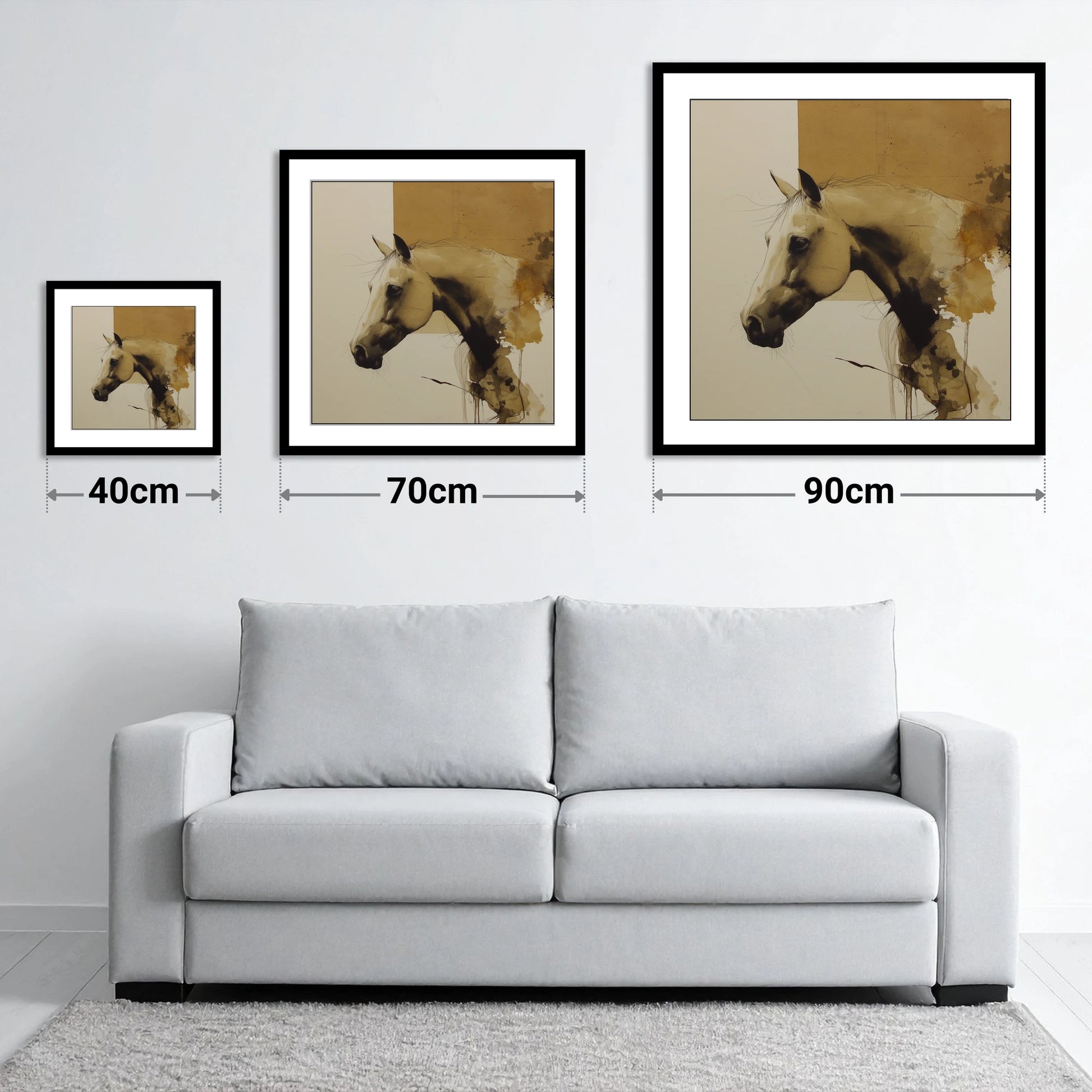 Expressive Sepia Profile - size guide showing 40cm, 70cm and 90cm art prints