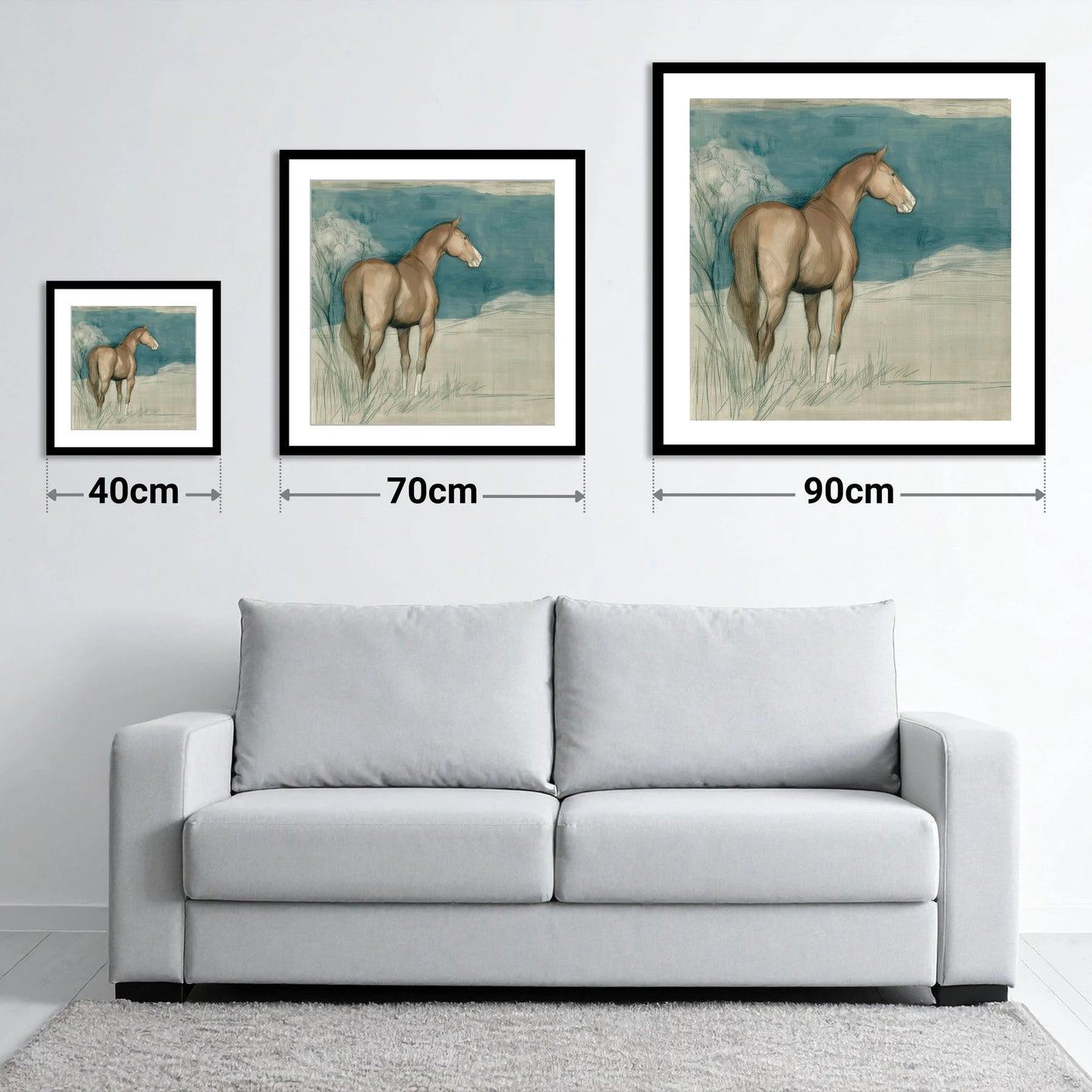 The Quiet Glance - size guide showing 40cm, 70cm and 90cm art prints