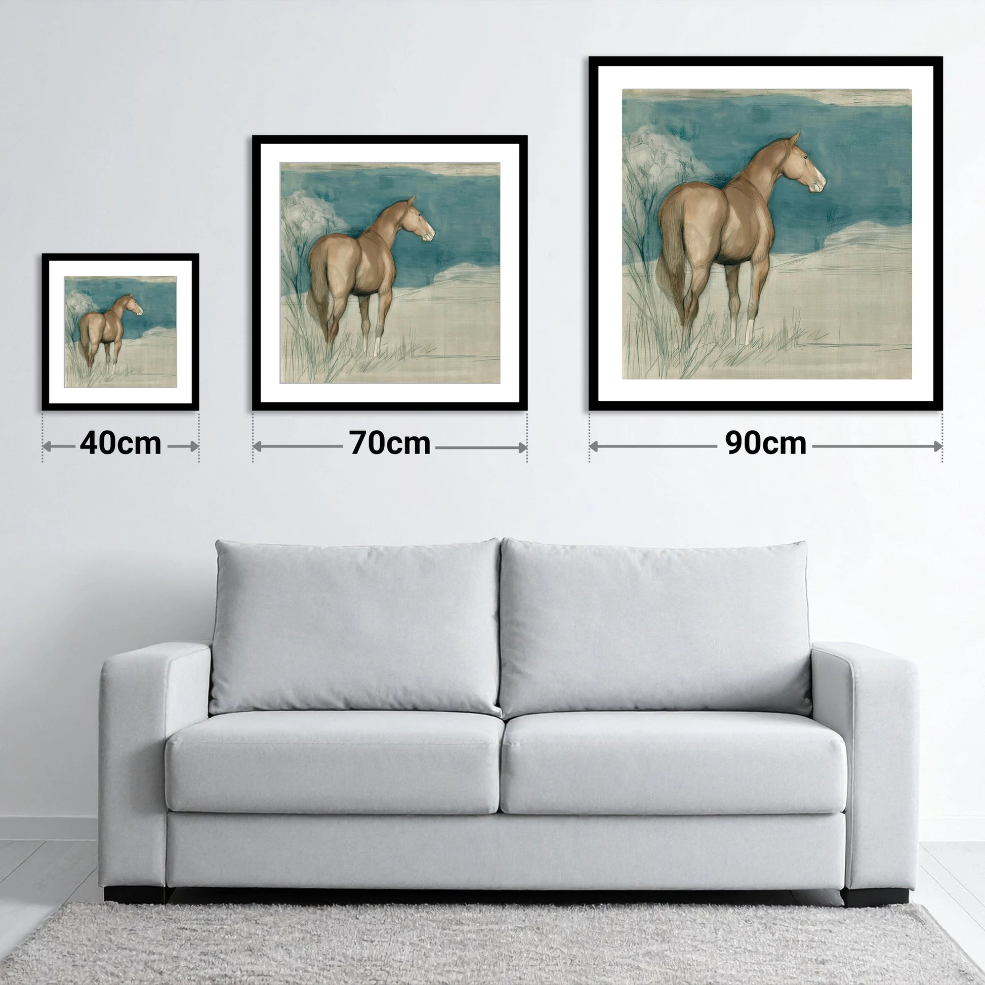 The Quiet Glance - size guide showing 40cm, 70cm and 90cm art prints