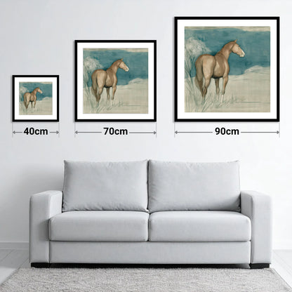 The Quiet Glance - size guide showing 40cm, 70cm and 90cm art prints