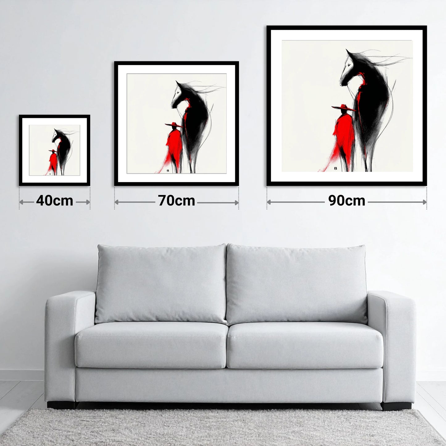 Crimson Rider Silhouette - size guide showing 40cm, 70cm and 90cm art prints