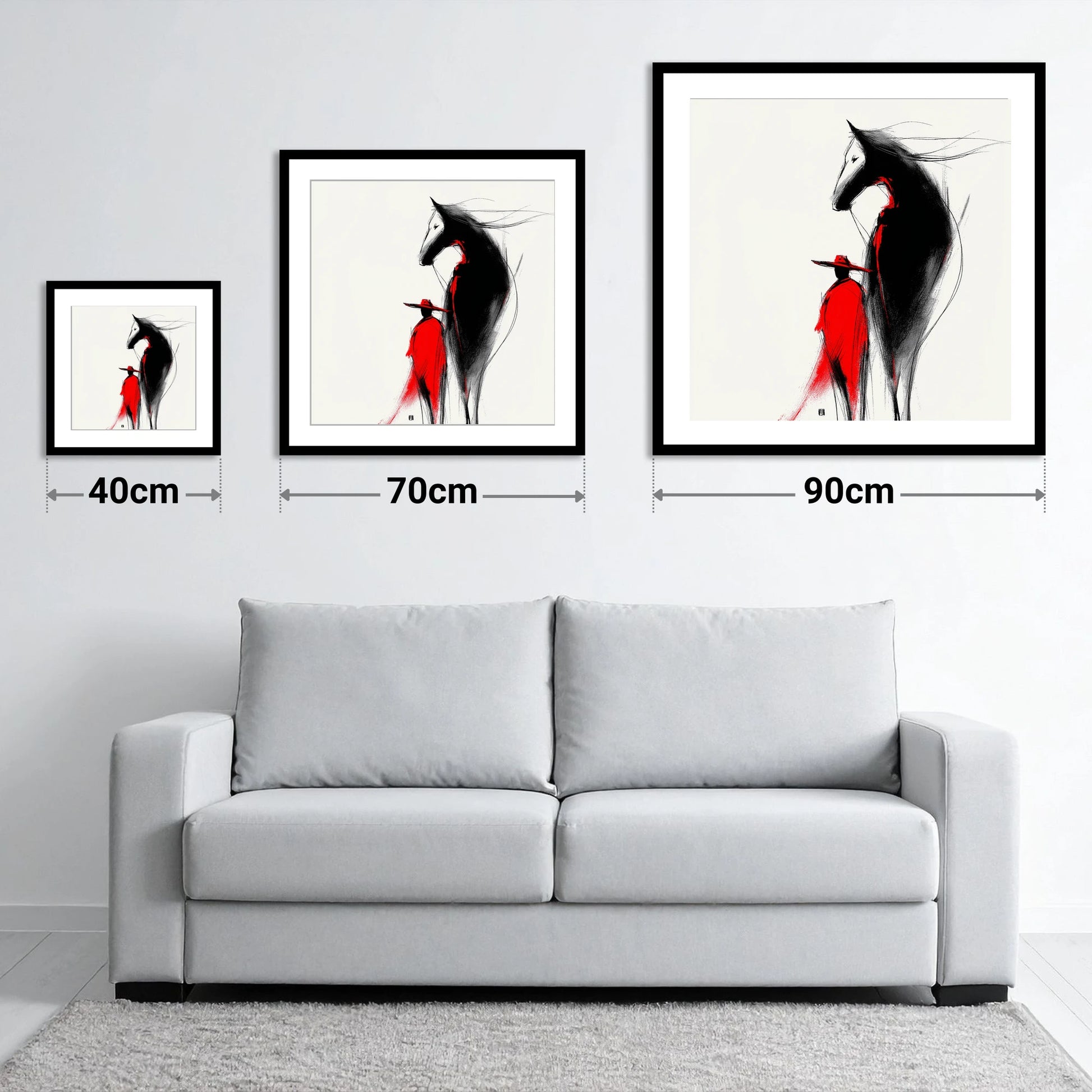 Crimson Rider Silhouette - size guide showing 40cm, 70cm and 90cm art prints