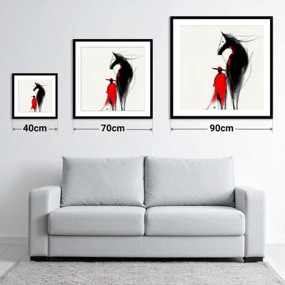 Crimson Rider Silhouette - size guide showing 40cm, 70cm and 90cm art prints