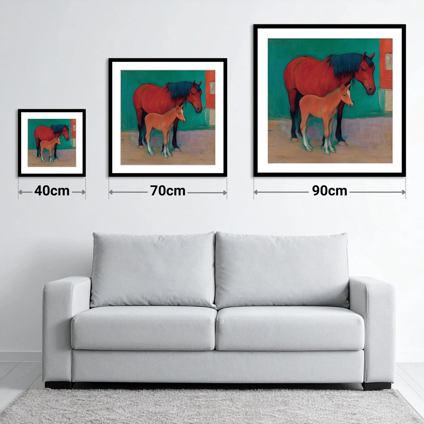 Crimson Mare and Foal - size guide showing 40cm, 70cm and 90cm art prints