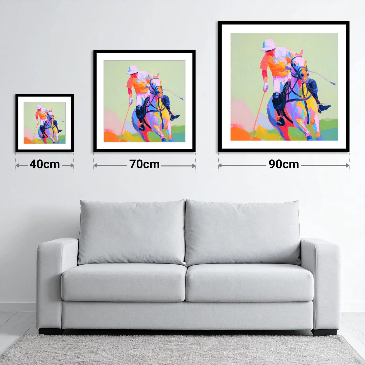 Technicolour Drive - size guide showing 40cm, 70cm and 90cm art prints