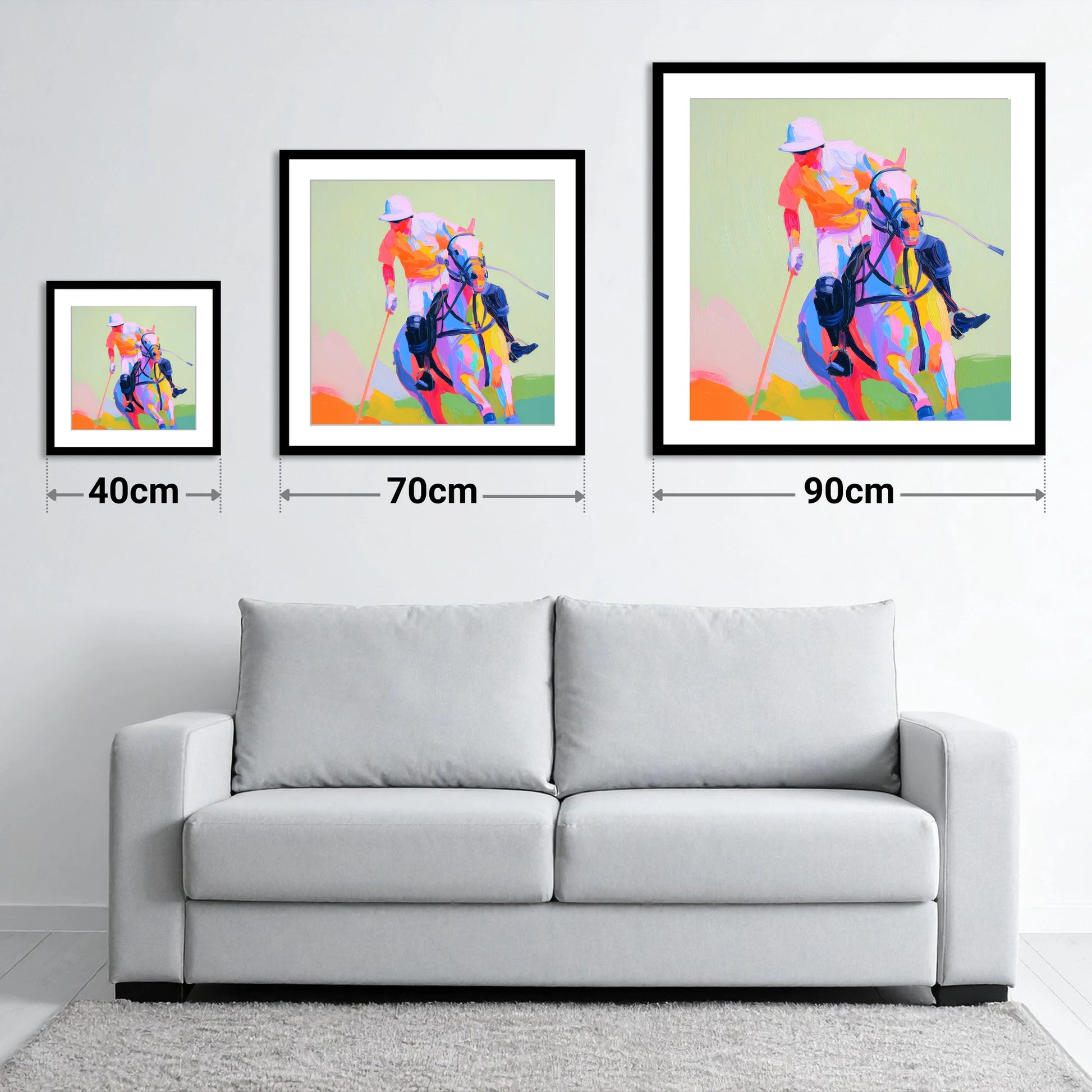 Technicolour Drive - size guide showing 40cm, 70cm and 90cm art prints
