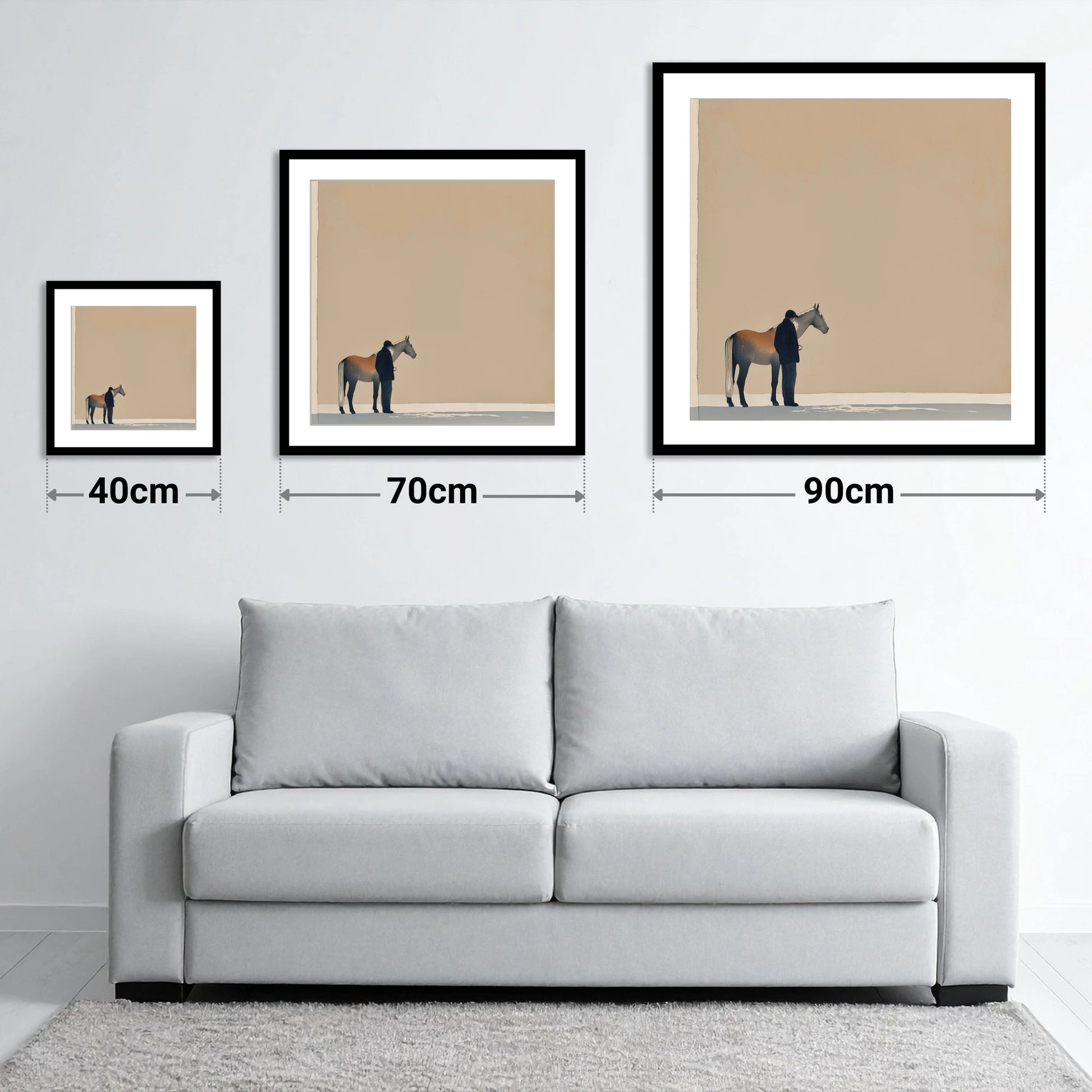 Stillness Together - size guide showing 40cm, 70cm and 90cm art prints