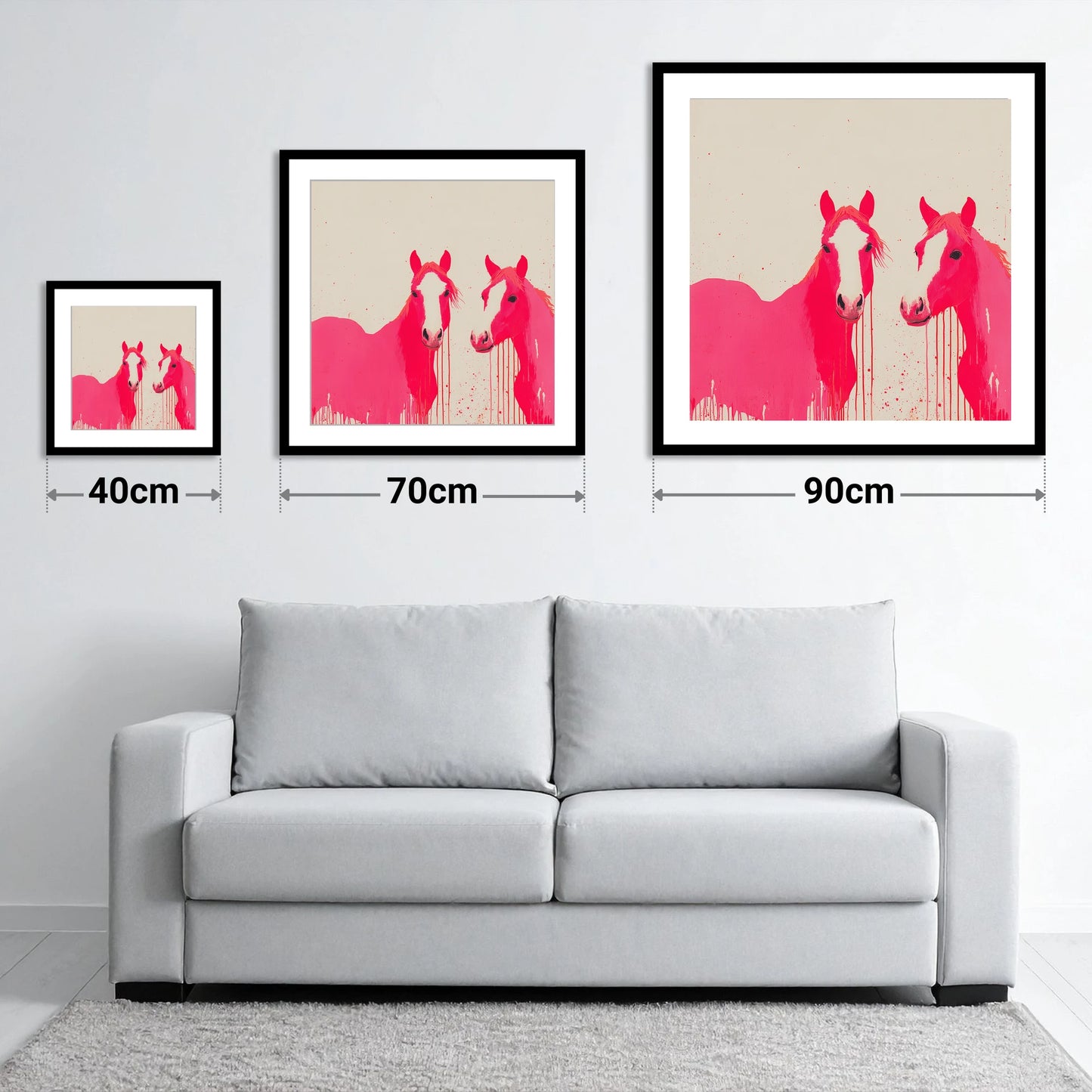 Vivid Pink Companions - size guide showing 40cm, 70cm and 90cm art prints