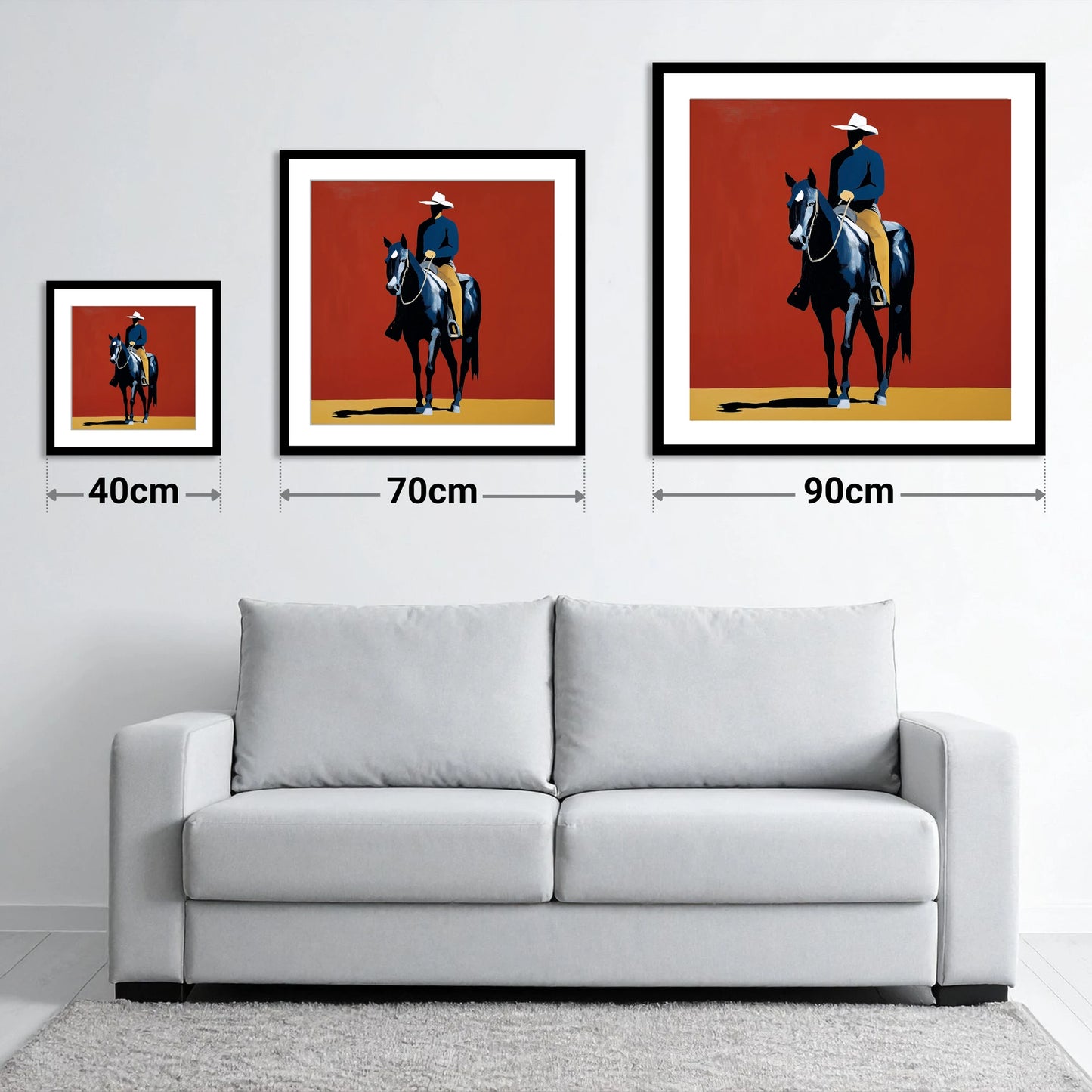 The Crimson Frontier Rider - size guide showing 40cm, 70cm and 90cm art prints