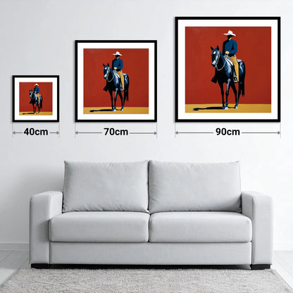 The Crimson Frontier Rider - size guide showing 40cm, 70cm and 90cm art prints