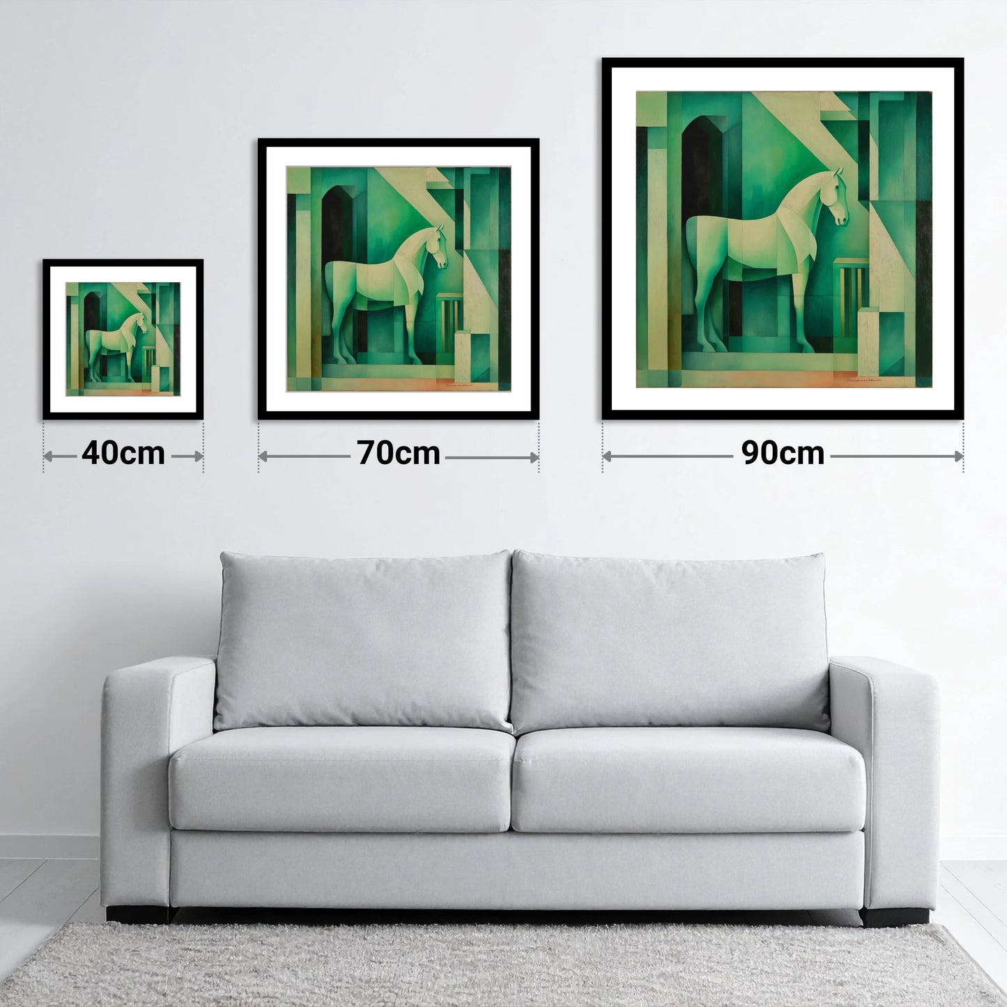 Emerald Stall Geometry - size guide showing 40cm, 70cm and 90cm art prints