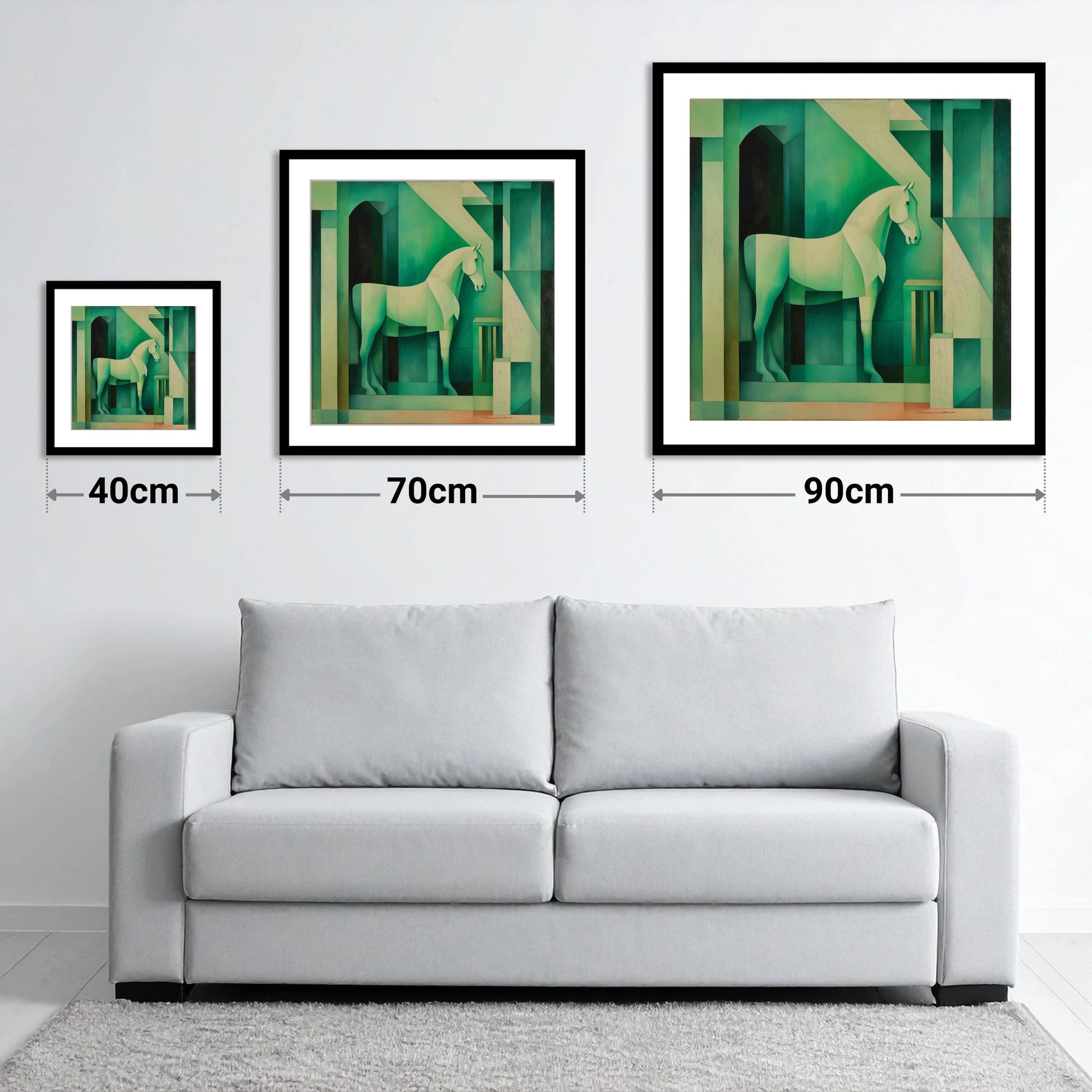 Emerald Stall Geometry - size guide showing 40cm, 70cm and 90cm art prints