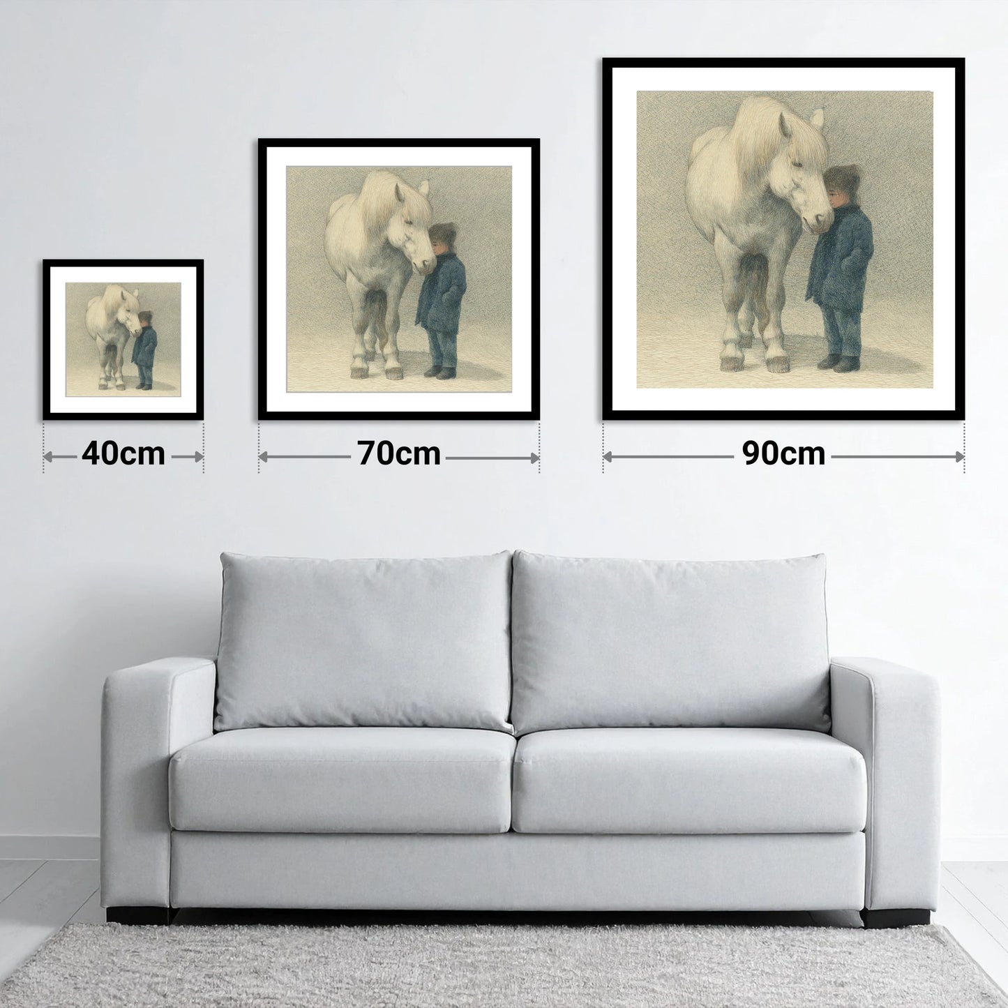 Quiet Trust - size guide showing 40cm, 70cm and 90cm art prints