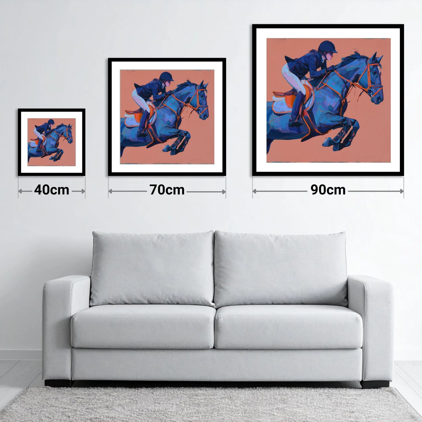 Indigo Leap - size guide showing 40cm, 70cm and 90cm art prints