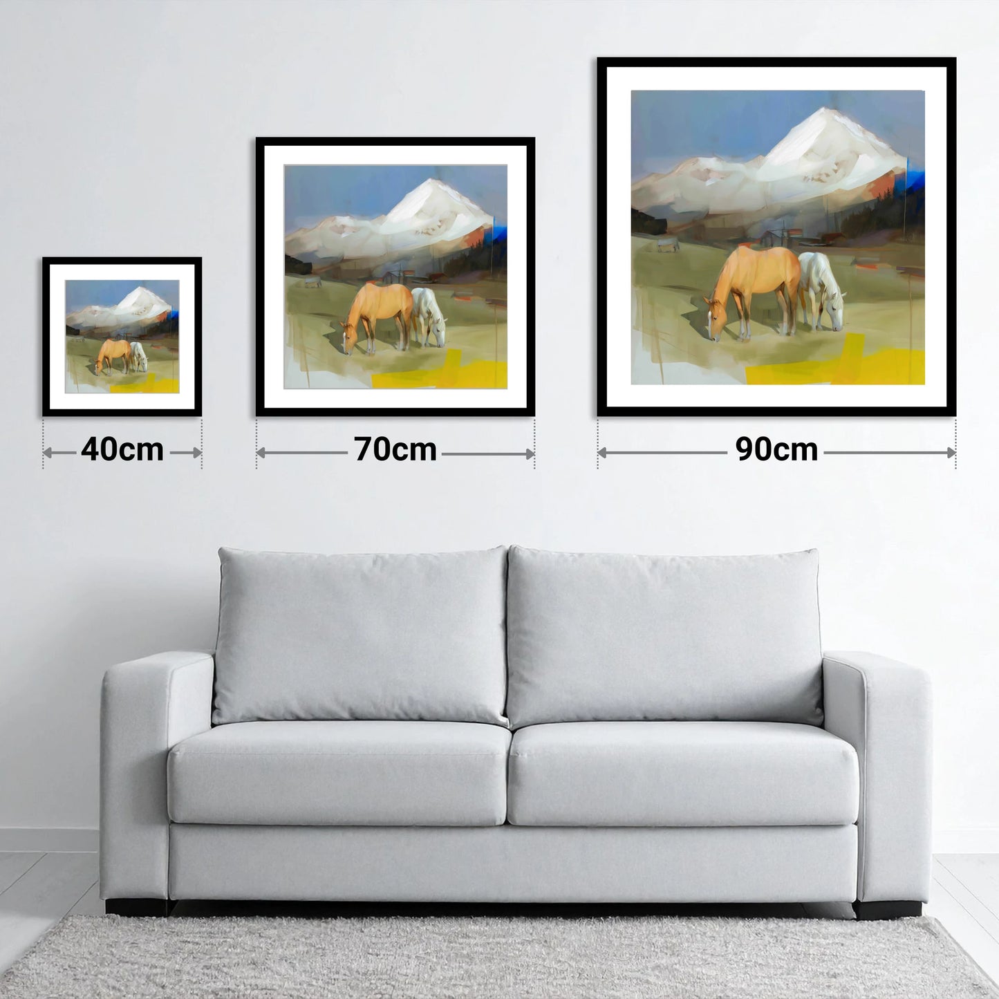 Grazing Beneath the Peaks - size guide showing 40cm, 70cm and 90cm art prints
