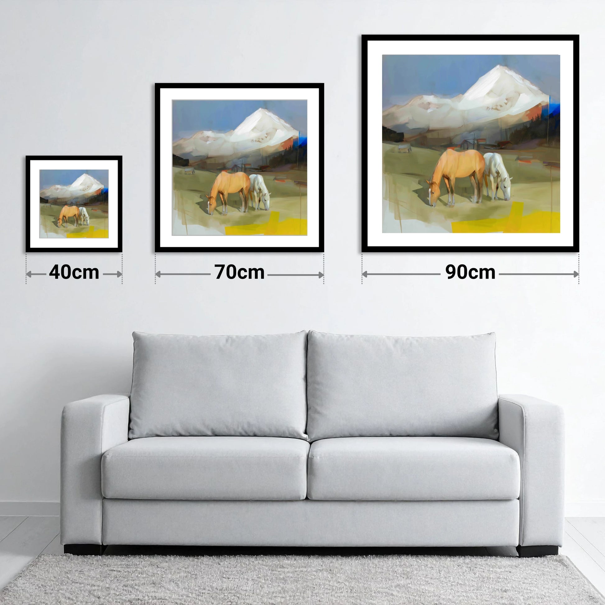 Grazing Beneath the Peaks - size guide showing 40cm, 70cm and 90cm art prints
