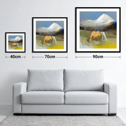 Grazing Beneath the Peaks - size guide showing 40cm, 70cm and 90cm art prints