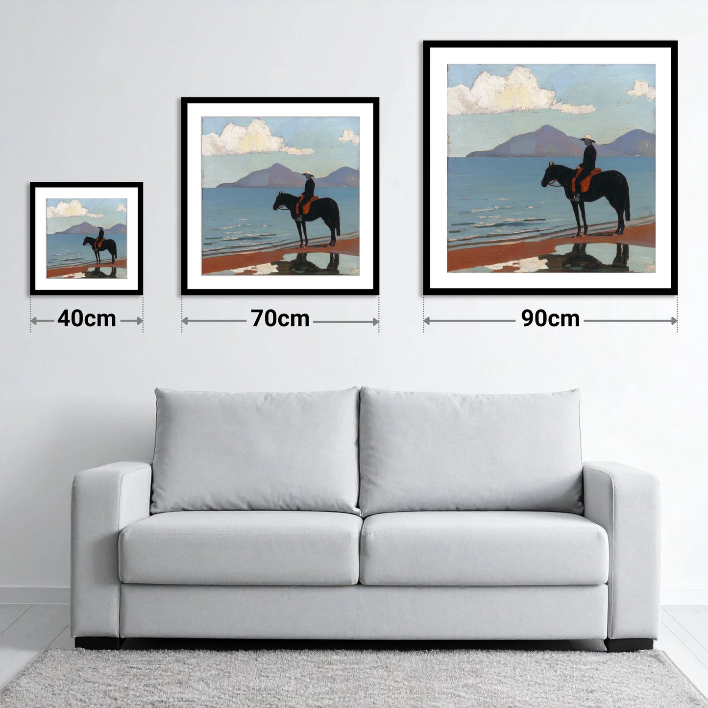 Silhouette on the Sands - size guide showing 40cm, 70cm and 90cm art prints
