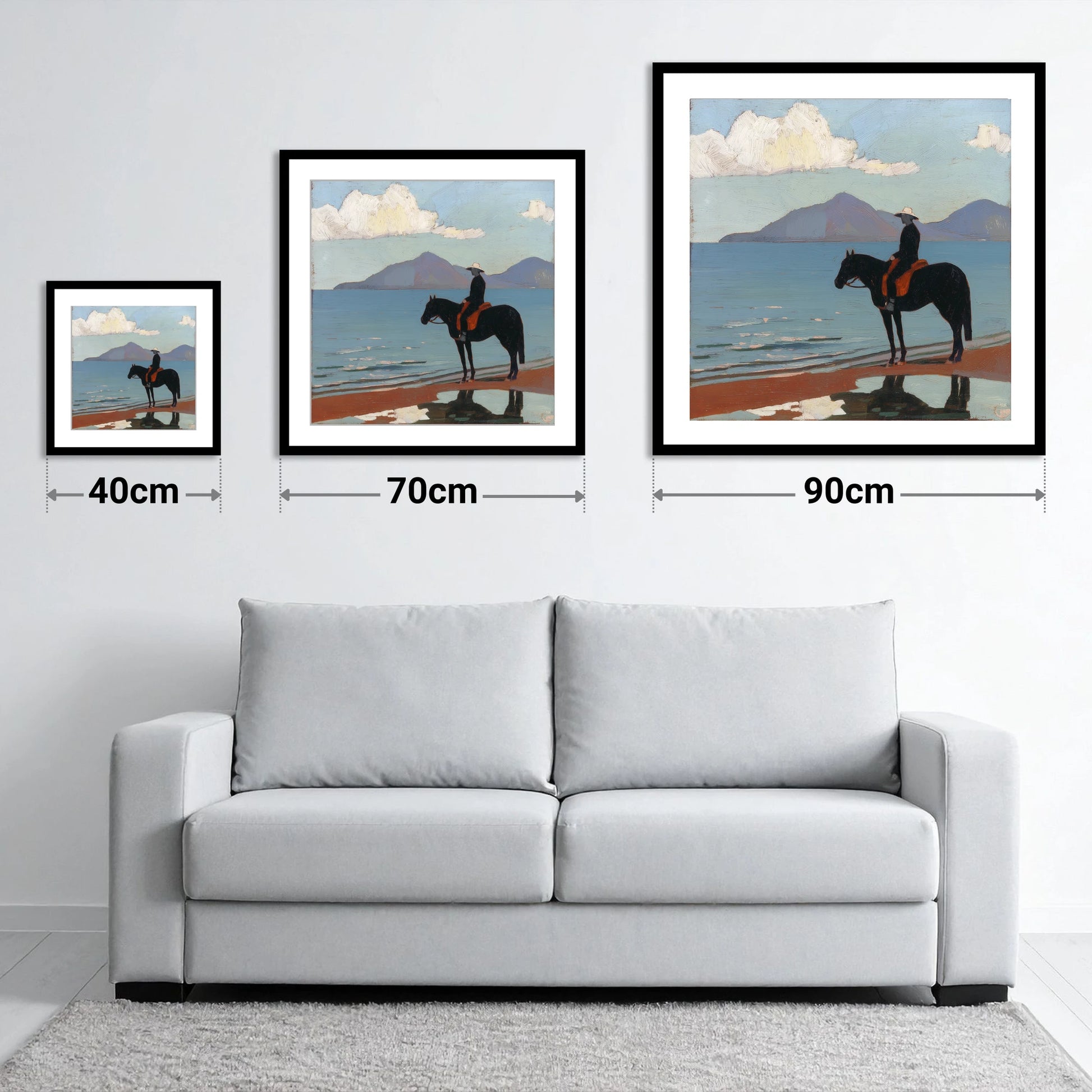 Silhouette on the Sands - size guide showing 40cm, 70cm and 90cm art prints