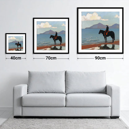 Silhouette on the Sands - size guide showing 40cm, 70cm and 90cm art prints
