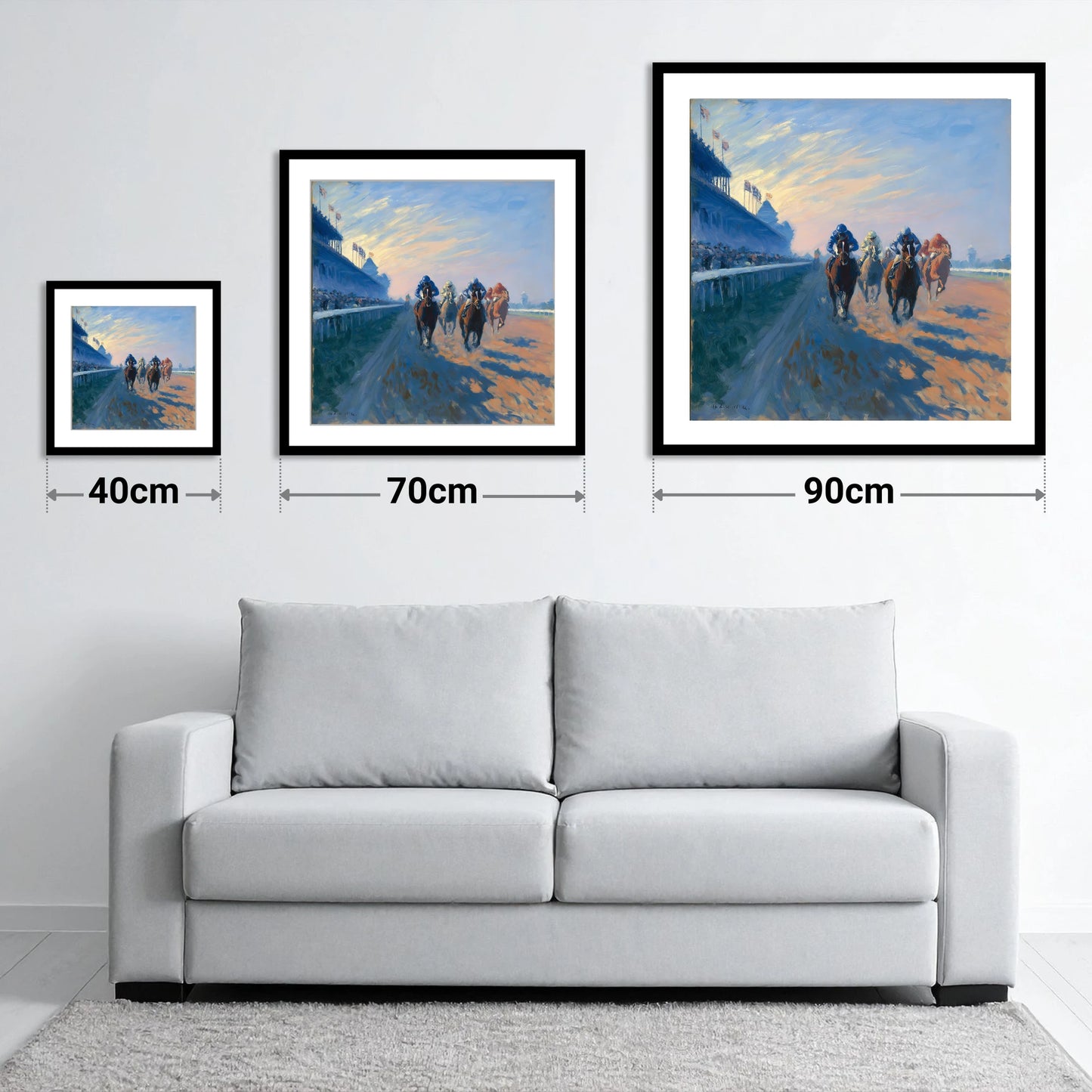 Thundering Towards Home - size guide showing 40cm, 70cm and 90cm art prints