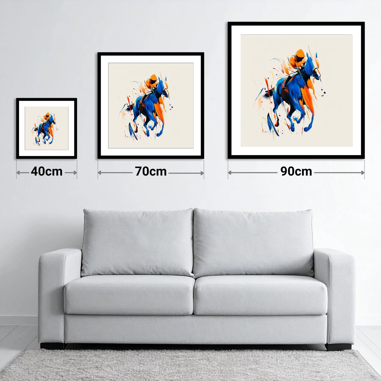 Velocity in Cobalt - size guide showing 40cm, 70cm and 90cm art prints