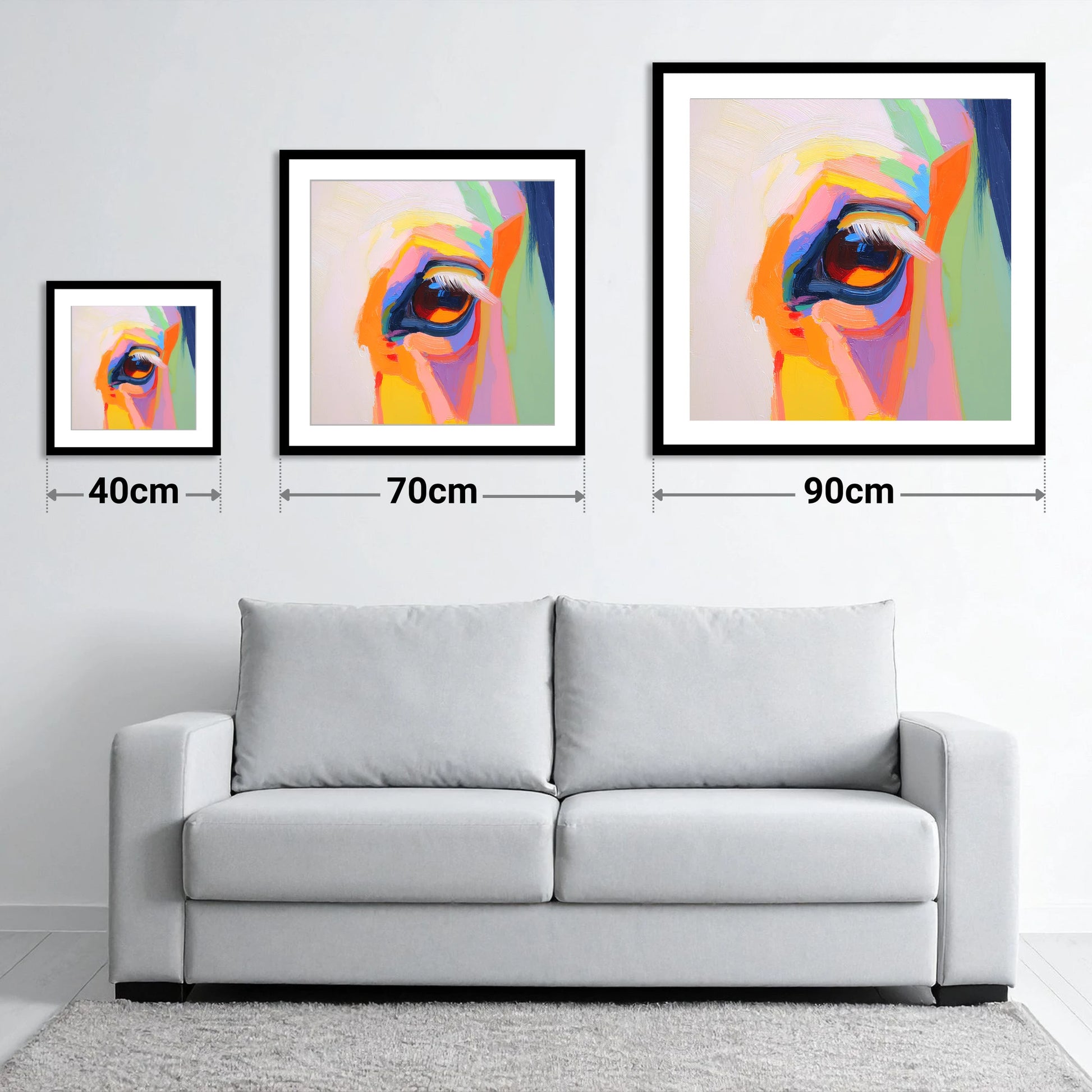 Kaleidoscopic Gaze - size guide showing 40cm, 70cm and 90cm art prints
